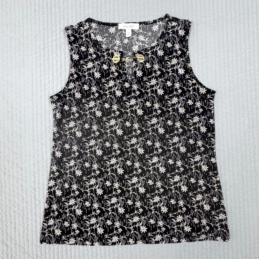 Nine West Womens Black White Floral Sleeveless Blouse Gold Hardware Size M
